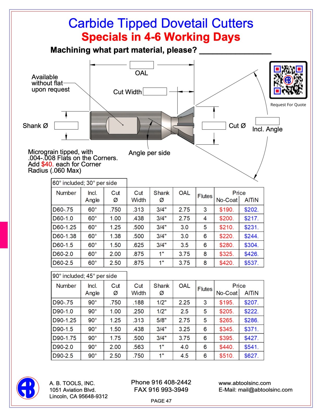 Carbide Tipped Dovetail Cutters catalog