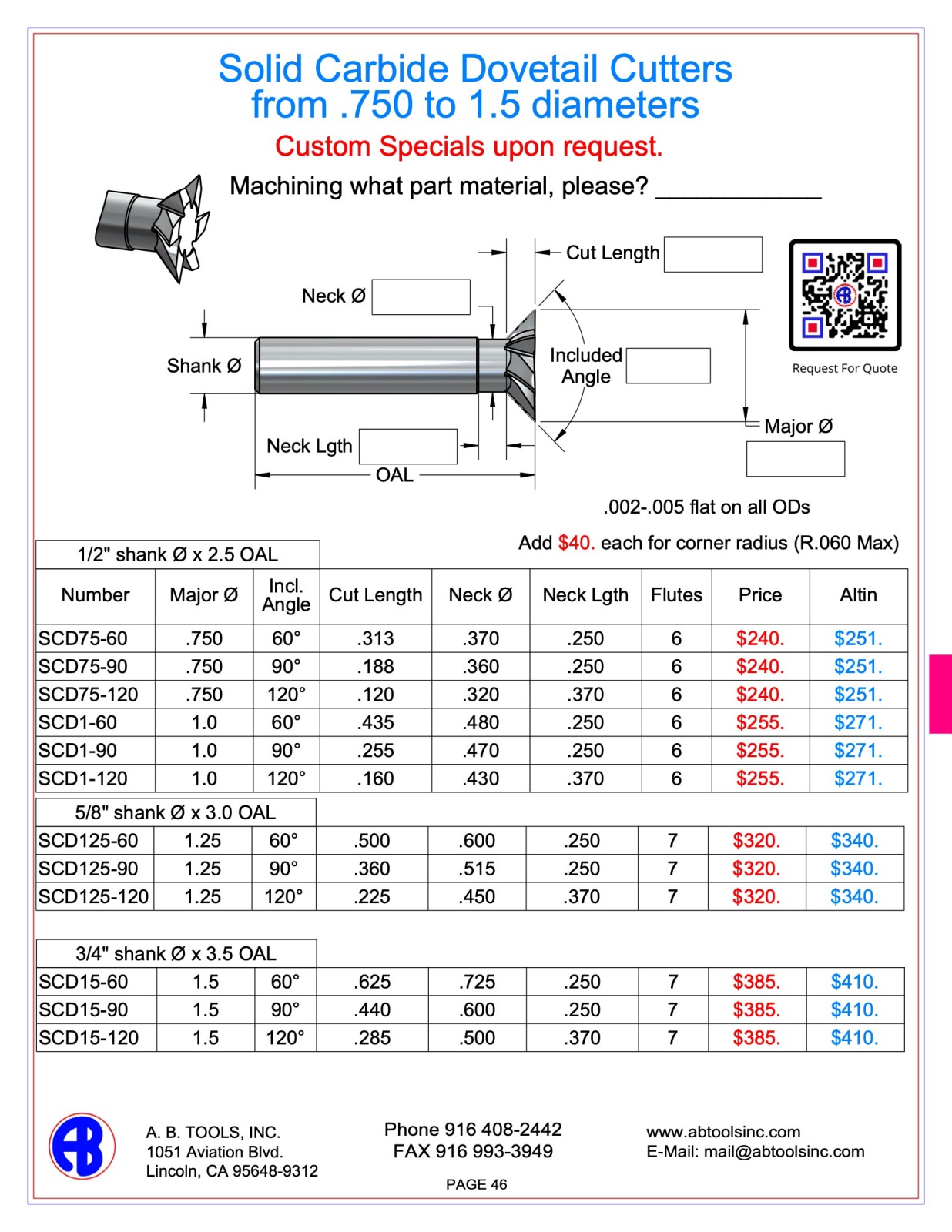 SOLID CARBIDE Dovetail Cutters FROM .750 Ø TO 1.5 Ø catalog