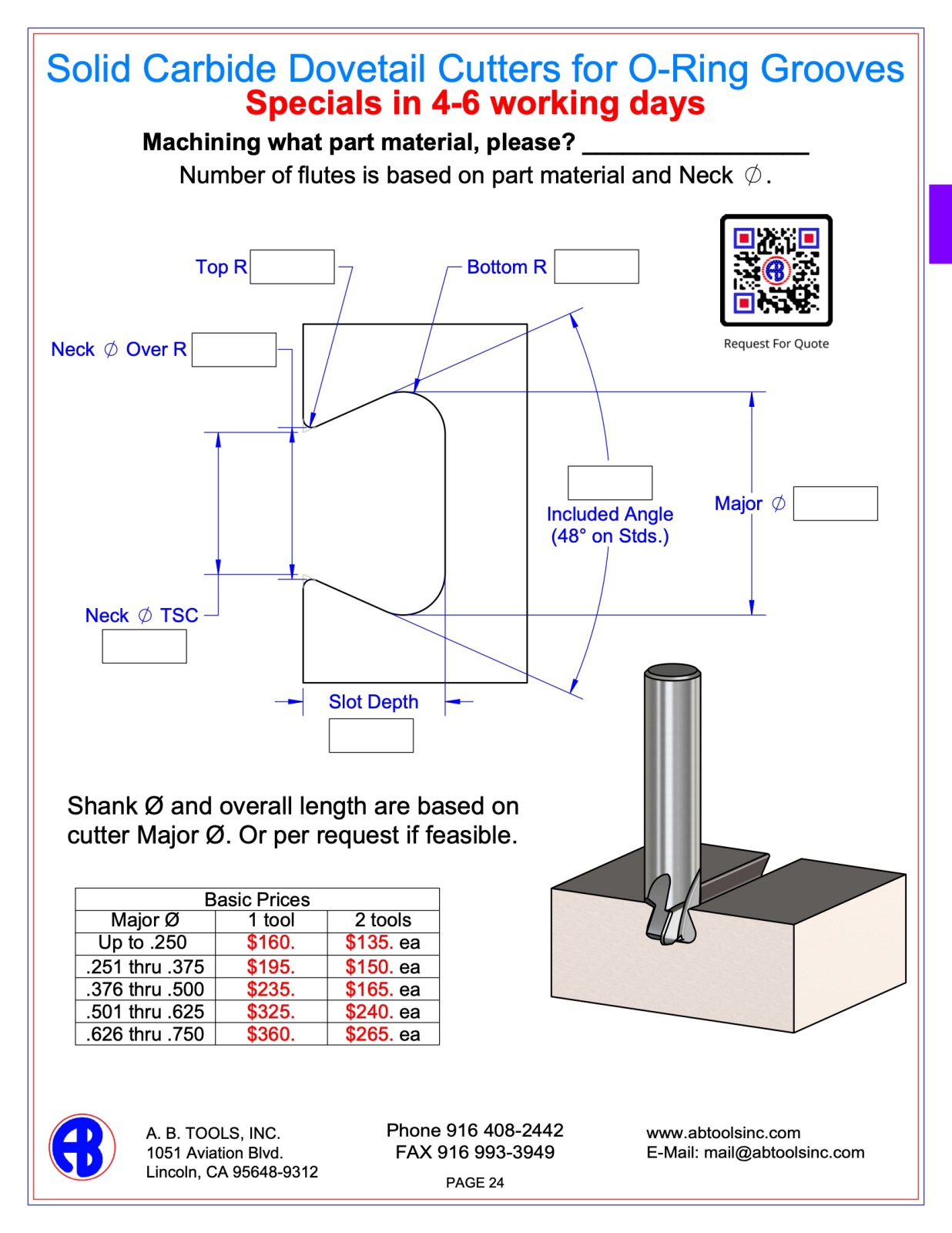 O-Ring Dovetail Cutters Special Quote Form