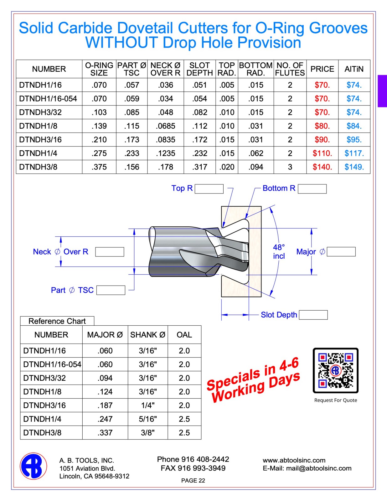 Solid Carbide Dovetail Cutters for O-Ring Grooves Without Drop Hole Provision catalog