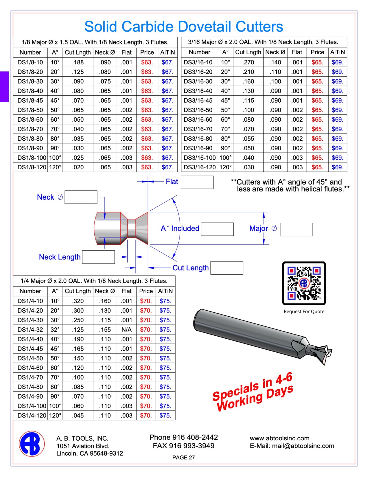 Solid Carbide Dovetail Cutters 1/8 to 1/4 diameter catalog