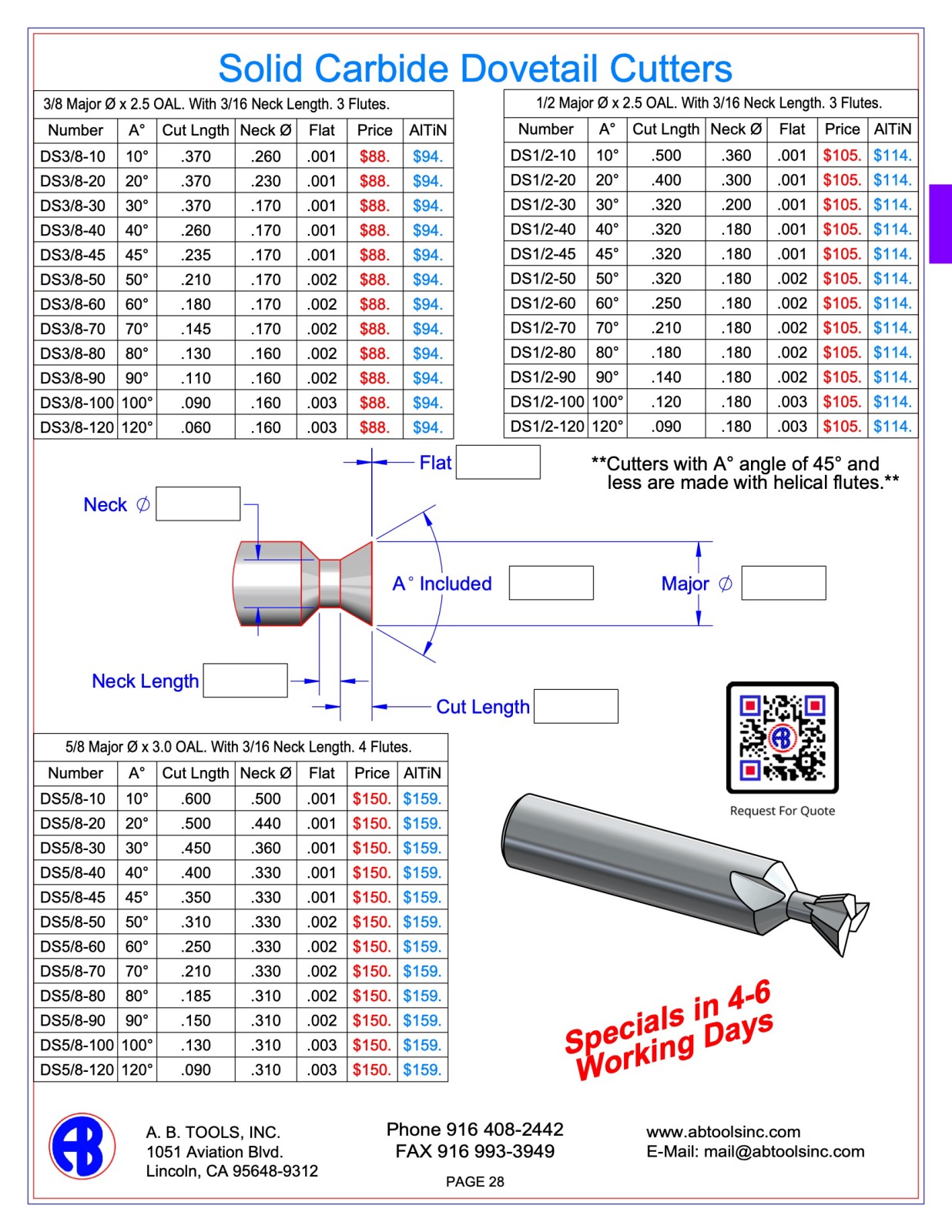 Solid Carbide Dovetail Cutters 3/8 to 5/8 diameter catalog