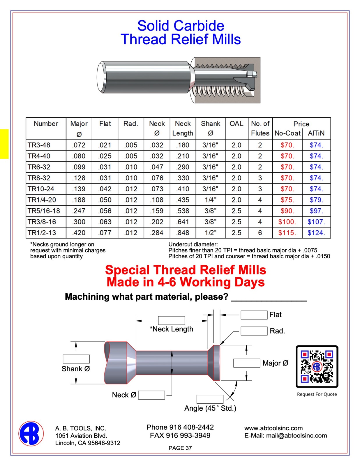 Internal Relief Thread Mills catalog